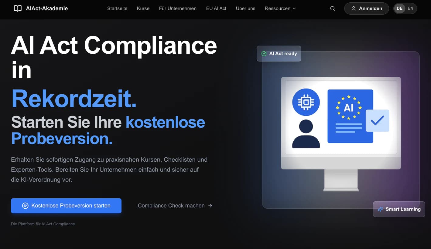 AIAct-Akademie Startseite, E-Learning-Plattform für EU AI Act Compliance